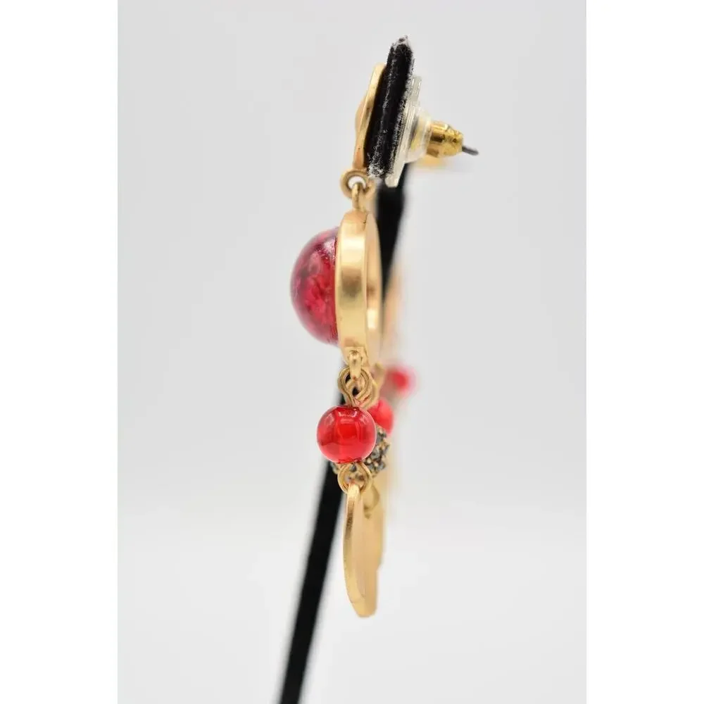 Statement Cabochon Dangle Earrings Red Lucite Brushed Gold Black Rhinestone 9L